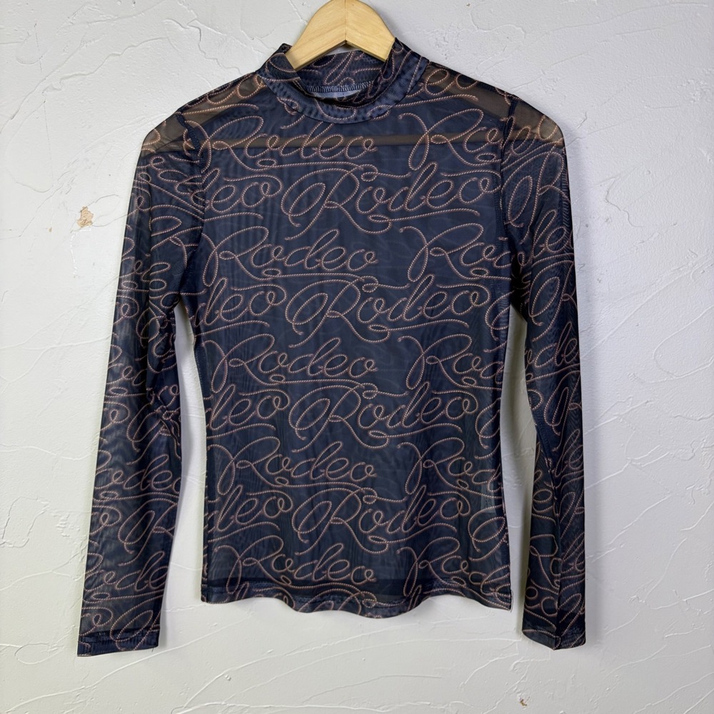 Rodeo Mesh Mock Neck Top Women Small Black Rope Script Western Cowgirl Aesthetic